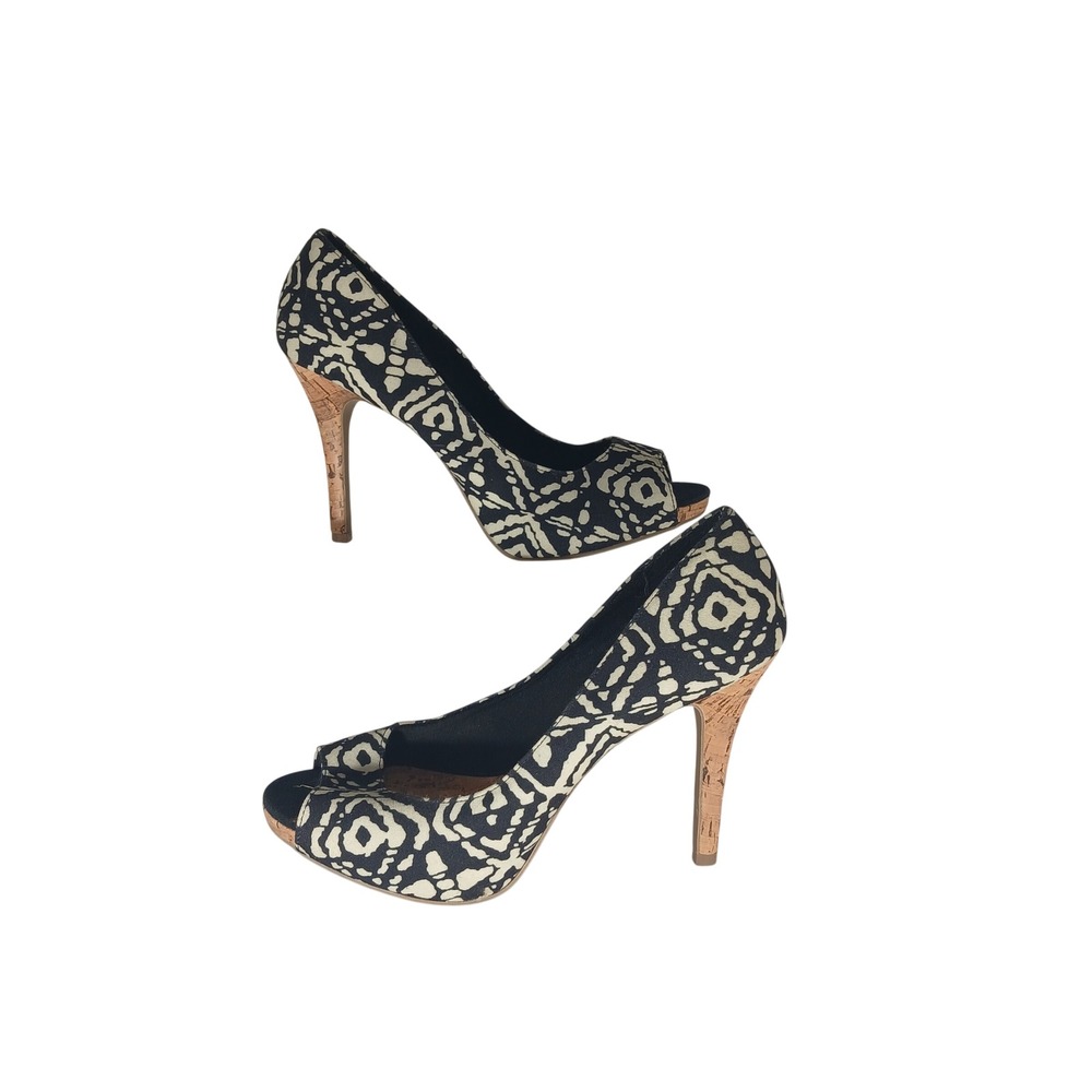 Christian Siriano Peep Toe Pumps 9 Black Cream Geometric Ikat Cork Heel Boho